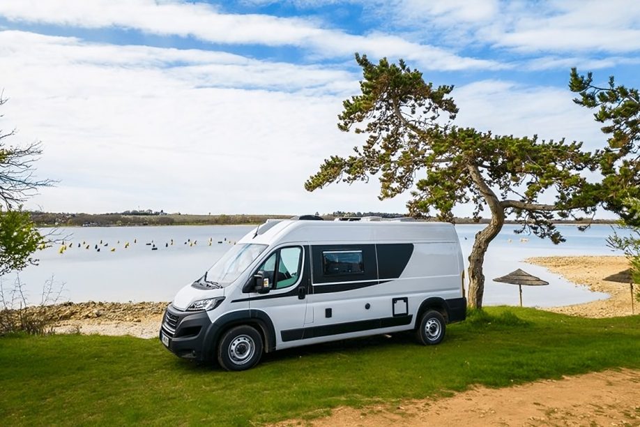 White camper van parked by lakeside under tree