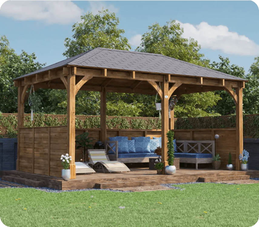 Wooden gazebo with outdoor seating