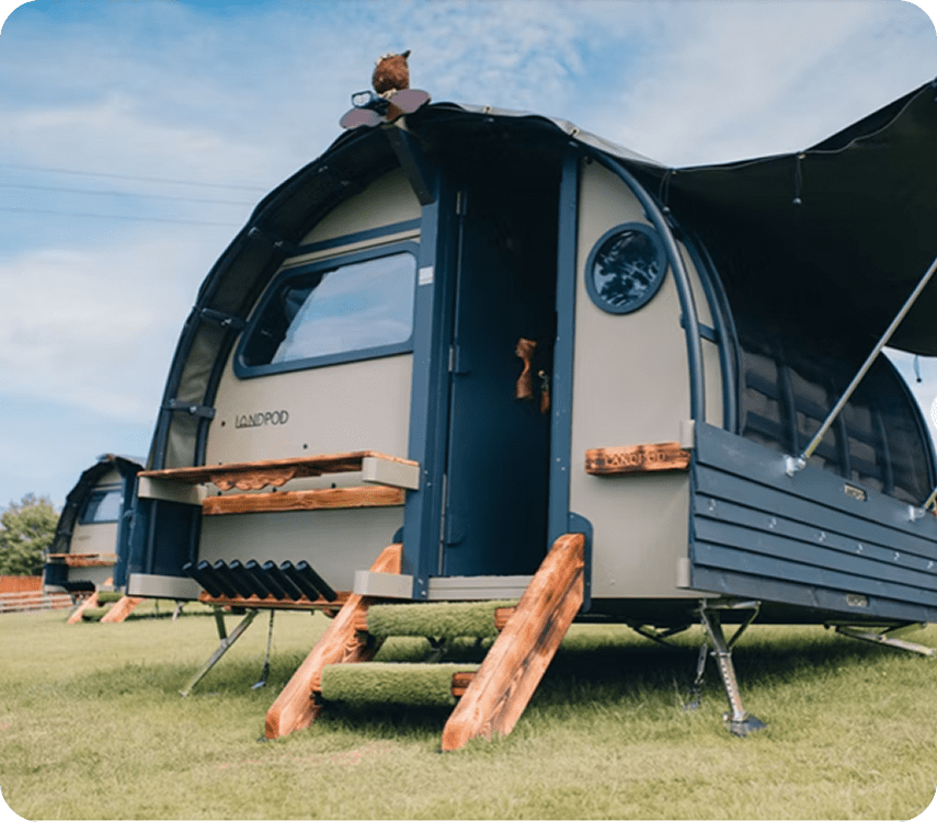 Wooden steps leading to camping pod