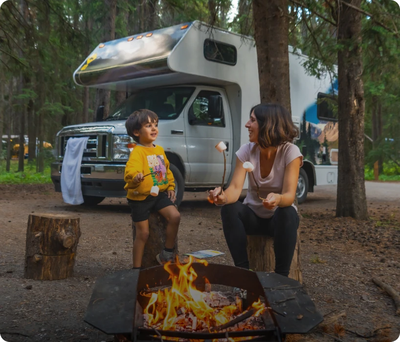 Camping with marshmallows by a campfire