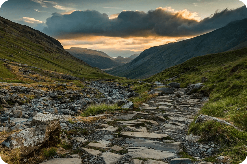 Rocky trail through hills